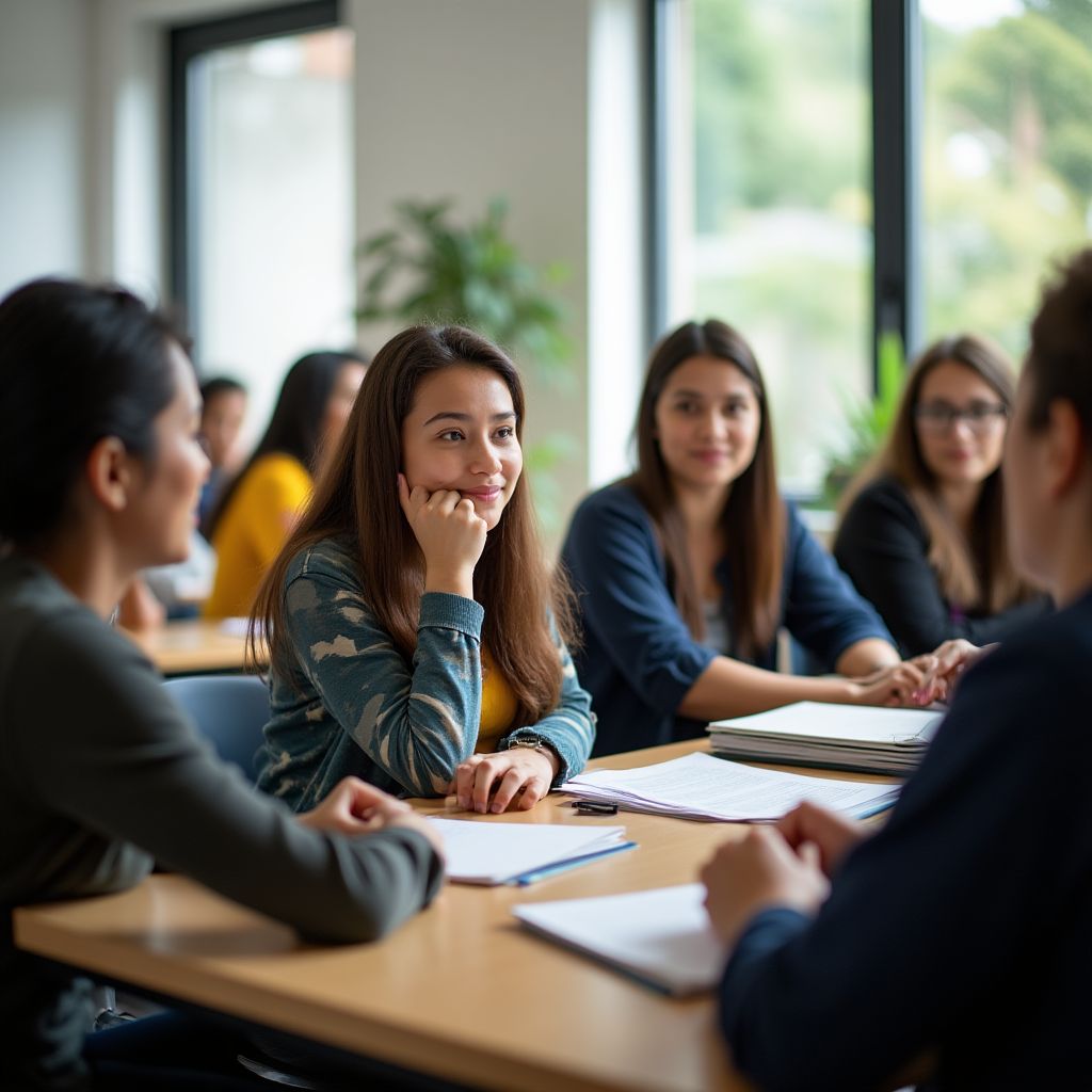 Estudiantes sonriendo en un aula moderna