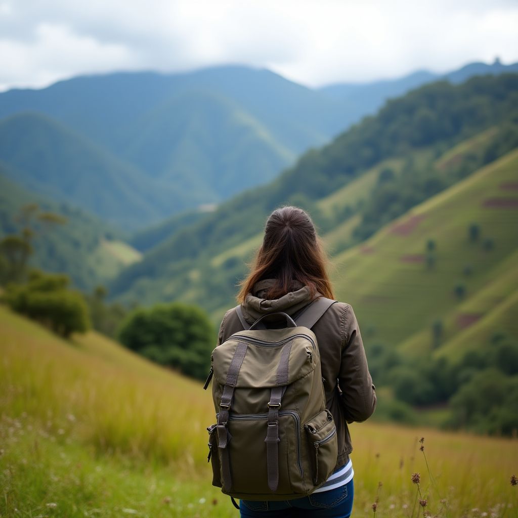 Mochilero frente a un paisaje colombiano